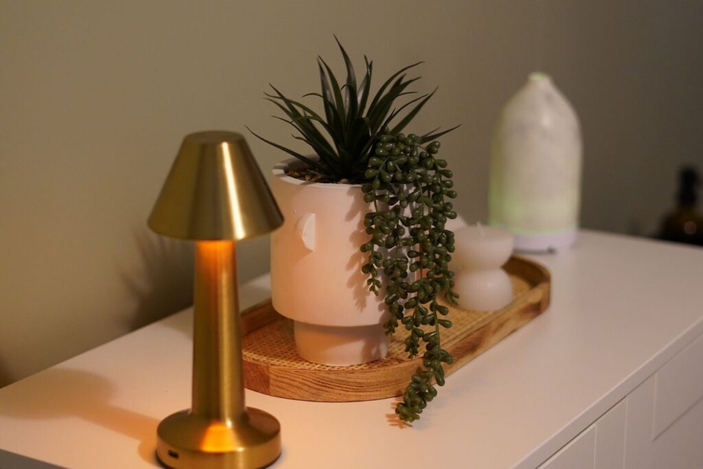 A brass cordless table lamp styled on a sideboard beside a plant