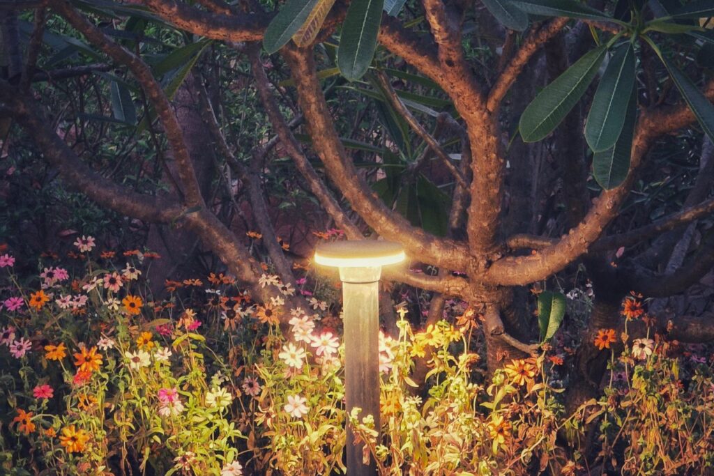 A solar garden lamp glowing among planting at dusk